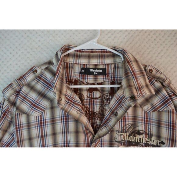 Manchester Men's Large Brown Plaid Embroidered Pearl Snap Western Shirt - Picture 12 of 16